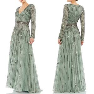 Mac Duggal Long Sleeve V Neck Sequin A Line Gown 4977 in Sage Green Size 8 NWT